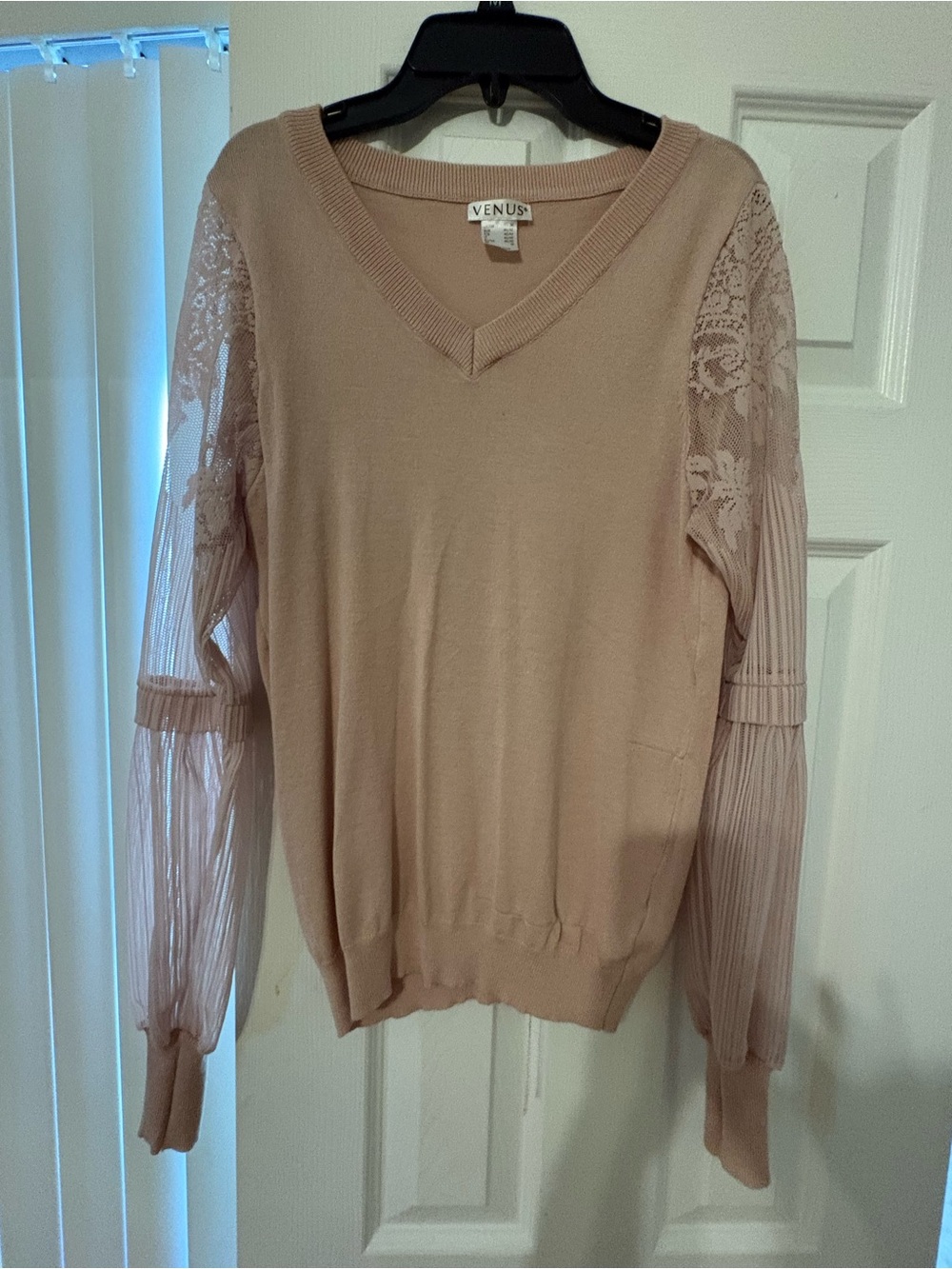 VENUS Blush V-Neck Sweater with Lace & Pleated Sleeves